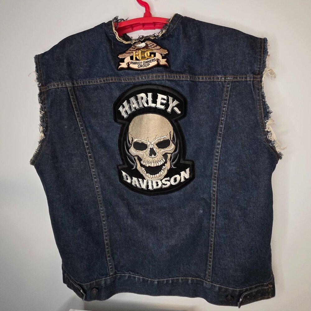 Gap Blue Jeans Men's Distressed Upcycled Harley Davidson Jean Vest Size Large